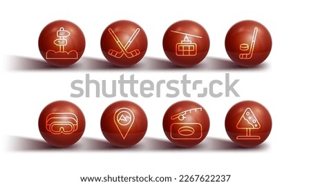 Set line Road traffic signpost, Ski goggles, Ice hockey stick and puck, Winter fishing, Location with mountain, sticks, avalanches and Cable car icon. Vector