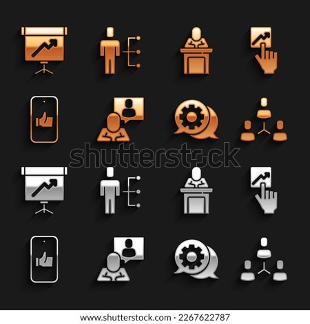 Set Head hunting, Team leader, Project team base, Speech bubble chat, Hand like, Speaker, Chalkboard with diagram and User of man business suit icon. Vector