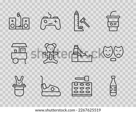 Set line Magician hat and rabbit, Bottle of water, Striker attraction with hammer, Bumper car, Home stereo two speakers, Teddy bear plush toy, Arcade game machine and Comedy tragedy masks icon. Vector Royalty-Free Stock Photo #2267625519