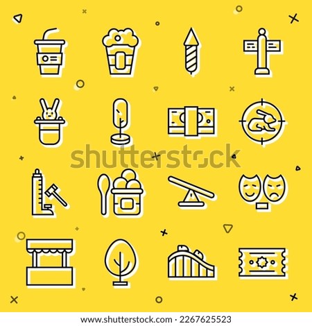 Set line Ticket, Comedy and tragedy masks, Hunt on rabbit with crosshairs, Firework rocket, Tree, Magician hat, Paper glass water and Stacks paper money cash icon. Vector Royalty-Free Stock Photo #2267625523