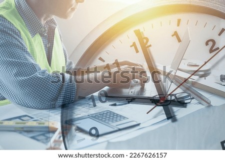 Engineer builder busy overlay times clock for working hours work compete with building timeline or project time frame. Royalty-Free Stock Photo #2267626157