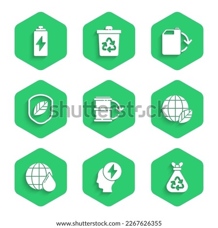 Set Eco fuel barrel, Head and electric symbol, Garbage bag with recycle, Earth globe leaf, planet in water drop, Shield, canister and Battery icon. Vector