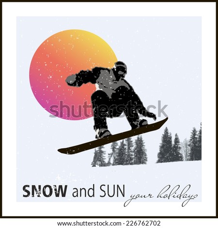Modern poster. snowboarder flying against the evening sun