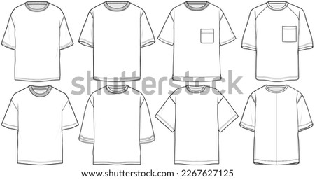 oversized t shirt unisex short sleeve drop shoulder crew neck plain white t shirt flat sketch vector technical cad drawing template Royalty-Free Stock Photo #2267627125