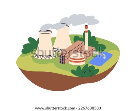 Nuclear power plant. Electric energy station. Atom industry for electricity generation. Industrial structure, building, powerhouse. Flat graphic vector illustration isolated on white background Royalty-Free Stock Photo #2267638383