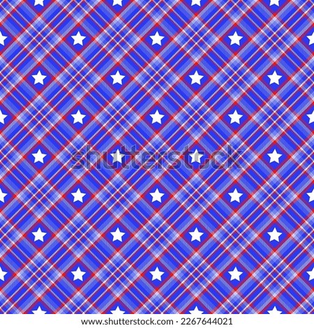 Red, white and blue starred diagonal plaid. Seamless vector bias plaid with star jacquard motif suitable for fashion, home decor and stationary.