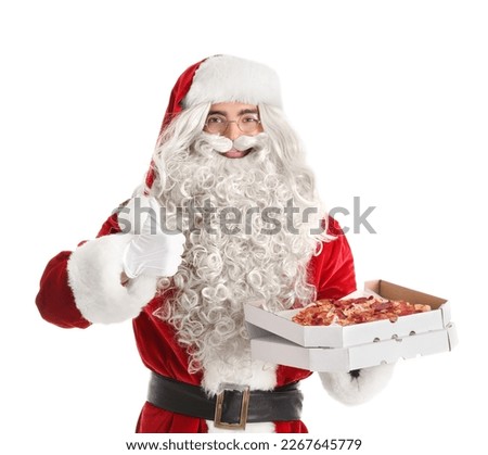Santa Claus holding box with tasty pizza and showing thumb-up on white background