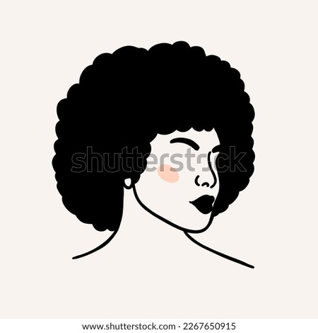 Abstract female portrait on a light background. Head of a modern young girl with a curly hairstyle. Stylish character for an avatar in a social network. Vector flat illustration.