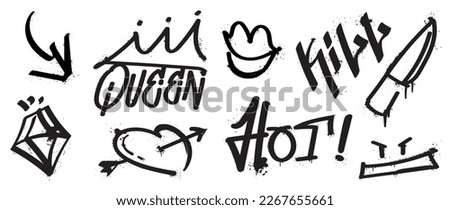 Set of graffiti spray paint vector. Black brush paint ink drip texture collection of text, arrow, diamond, heart, mouth, knife. Design illustration for decoration, card, sticker. banner, street art.