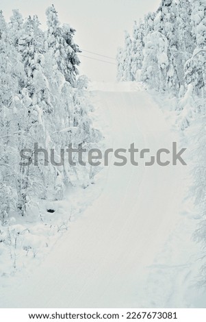 Empty ski slope pictured from below. Slope is surrounded by forest, woods or trees, both coniferous trees and deciduous trees. Lift wire in the background and no people. Winter day in Lapland, Finland