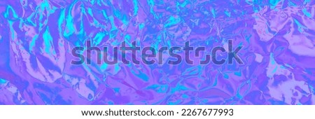 Banner with abstract holographic background in 80s, 90s style. Modern pastel neon blue, purple, mint colored metallic psychedelic holographic foil texture. Synthwave, vaporwave, retro futurism, disco