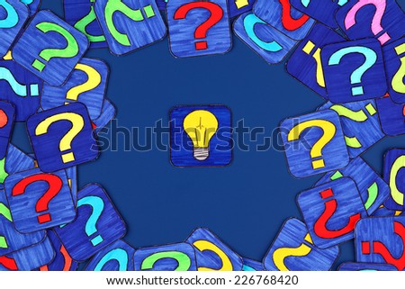 Yellow light bulb and a lot of question marks on blue background. Pictures drawn by me.