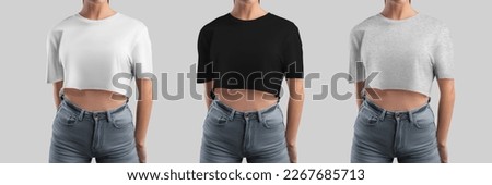 Mockup of a white, black, heather crop top on a girl, a set of fashion clothes canvas bella isolated on the background. Template casual wear, stylish t-shirt, women's shirt for design, print, front.