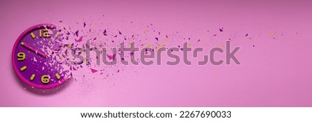 Flow of time. Analog clock dissolving on pink background, space for text. Banner design