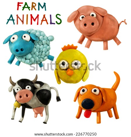 Cute plasticine / clay farm animals collection isolated on white background. Pig, cow, chicken, dog, sheep