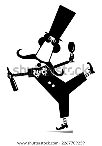 Dancing long mustache man in the top hat with bottle of wine and footed tumbler. Isolated black on white illustration
