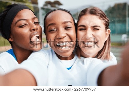 Black woman, friends and silly portrait for selfie, vlog or goofy sports team in social media outdoors. Happy women funny faces for profile picture, photo or post in memory for fun netball sport day