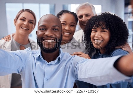 Happy, selfie and smile with business people in office for community, support and diversity. Smile, corporate and social media with picture of group of employee for teamwork, partnership and friends