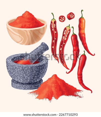 Vector set of chilli peppers and powder Royalty-Free Stock Photo #2267710293
