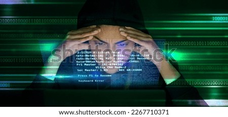 Hacker, code and stress with cyber crime, fear of getting caught and double exposure in IT, cybersecurity fail and software. Coding, programmer and glitch, person with headache and screen overlay Royalty-Free Stock Photo #2267710371