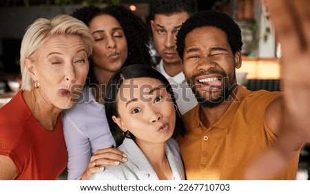 Tongue out, selfie and group of business people in office taking pictures for social media. Funny face, collaboration and portrait of happy friends, men and women taking photo for profile picture.