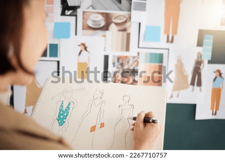 Fashion designer, planning and creative woman sketch, color palette and illustration inspiration from moodboard. Artist clothes, production design and asian worker or person with drawing development