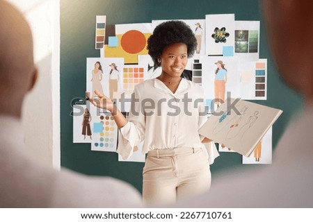 Fashion designer, black woman presentation and meeting business proposal, entrepreneur opportunity or portfolio. Creative artist or person speaking to clients of clothes, sketch or illustration ideas