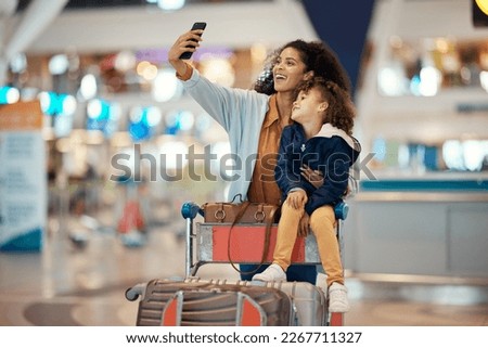 Travel, selfie and smile with mother and daughter in airport for social media, holiday and global journey. Smile, luggage and phone with mom and child picture for vacation, departure and technology