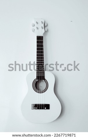 The ukulele is a small guitar-like stringed instrument, about 20 inches, and is a native Hawaiian musical instrument. 
ukulele on a white background Royalty-Free Stock Photo #2267719871