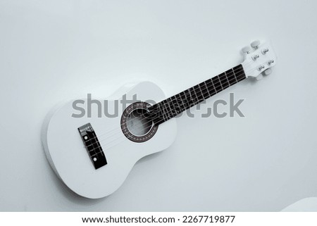 The ukulele is a small guitar-like stringed instrument, about 20 inches, and is a native Hawaiian musical instrument. 
ukulele on a white background