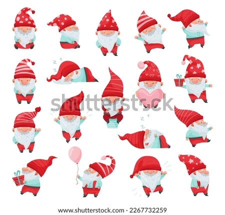 Fantastic Gnome Character with White Beard and Red Pointed Hat Big Vector Illustration Set Royalty-Free Stock Photo #2267732259
