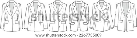 flat sketch set of womens blazer jacket technical cad drawing vector template Royalty-Free Stock Photo #2267735009