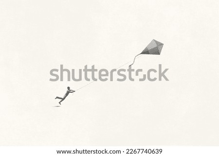 Illustration of ma running after a kite, black and white abstract surreal concept
