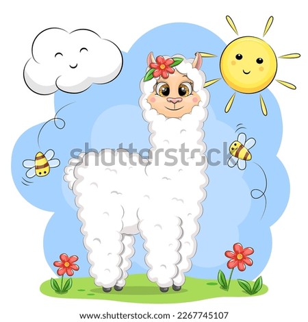 Cute cartoon llama with flowers and bees. Vector illustration of an animal in nature on a blue background with clouds and sun.