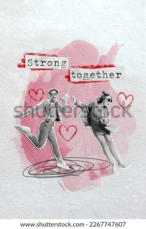 Painting image template collage of two best friends girls jumping dancing strong together feminism community concept