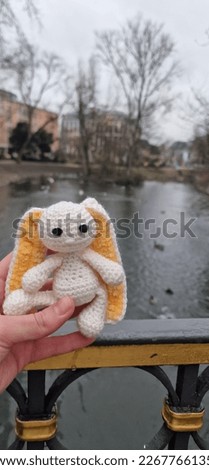 knitted bunny on the background of the lake
