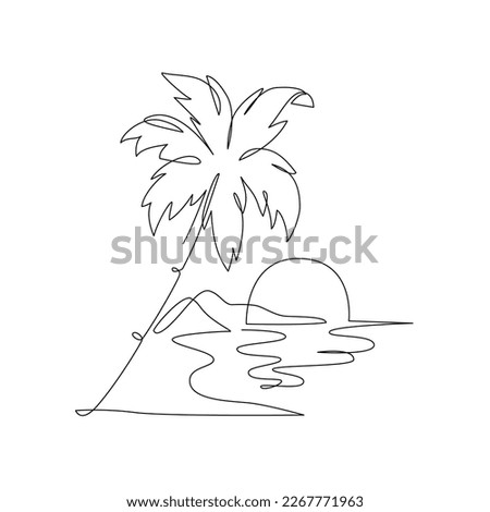 Tropics oasis island line drawing. Abstract tropical landscape continuous art line with mountains, sea, coconut palm tree, cloudscape. Vector nature wallpaper for minimal poster, template