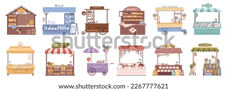 Mobile kiosks and street stalls with products to sell. Isolated cheese and milk, fruits and vegetables, desserts and meat. Flat cartoon, vector illustration Royalty-Free Stock Photo #2267777621