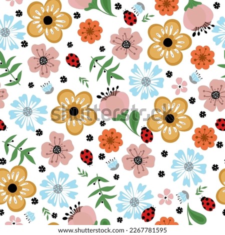 Colorful seamless pattern with insects and flowers. Summer floral repeat background for fabrics or wallpapers.