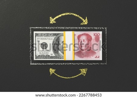 International stock exchange currency, Dollar to Chinese yuan. Currency convertion, exchange rates, foreign exchange market.