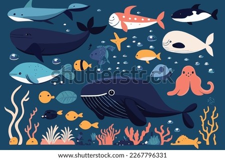 cartoon vector illustration of sea creatures with whales and many fish species