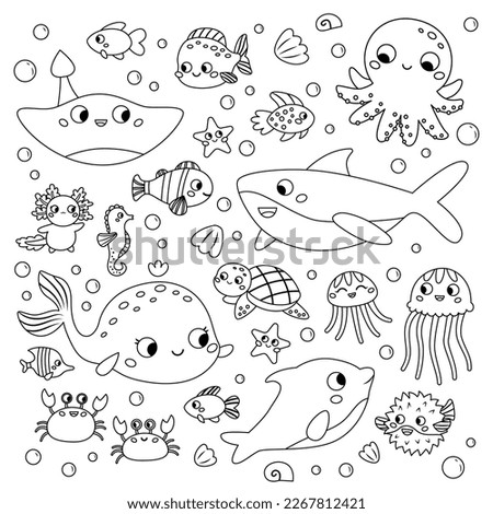 Coloring page with sea animals. Cute cartoon characters set. Ocean fish, octopus, dolphin, shark, whale, turtle and crab. Doodle style. Outline vector illustration for coloring book.