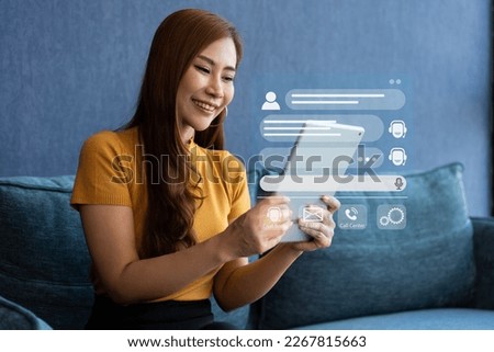 Person use customer service and support live chat with chatbot and automatic messages, Artificial intelligence, and CRM software technology. AI Chatbot smart digital customer service application. Royalty-Free Stock Photo #2267815663