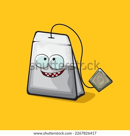 Tea bag character. Cartoon tea bag isolated on orange background. Funky paper tea bag character with eyes and mouth. Vector white teabag clip art, emoji, label and sticker