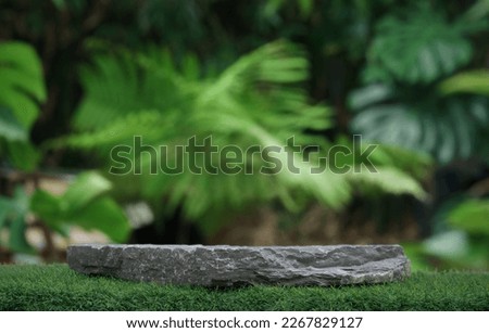 Stone podium table top outdoors blur green monstera tropical forest plant nature background.Beauty cosmetic healthy natural product placement pedestal display,spring or summer jungle paradise.