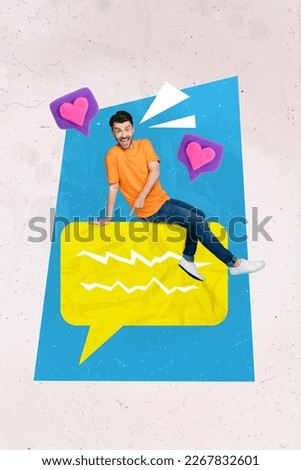 Vertical collage image of overjoyed cheerful mini guy sitting point finger big dialogue bubble receive like notification