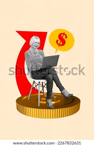 Photo sketch graphics collage artwork picture of smiling elderly lady earning cash despite of age isolated drawing background