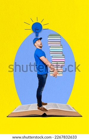 Drawing collage vertical photo picture image poster of handsome man hold many books preparing lesson isolated on painted background