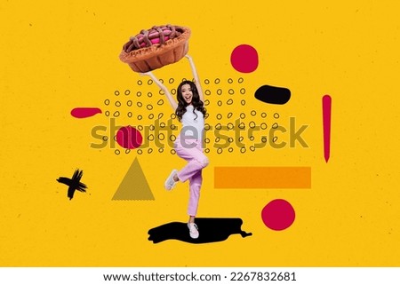 Creative abstract template graphics collage image of funny happy lady cooking tasty apple pie isolated drawing background