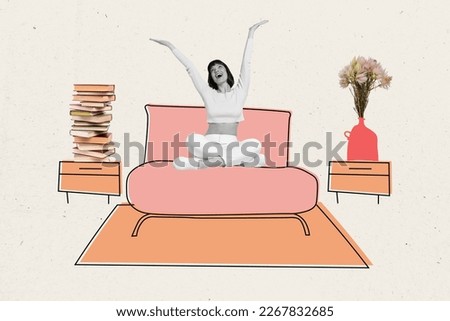 Exclusive magazine picture sketch collage image of dreamy excited lady enjoying staying home isolated painting background